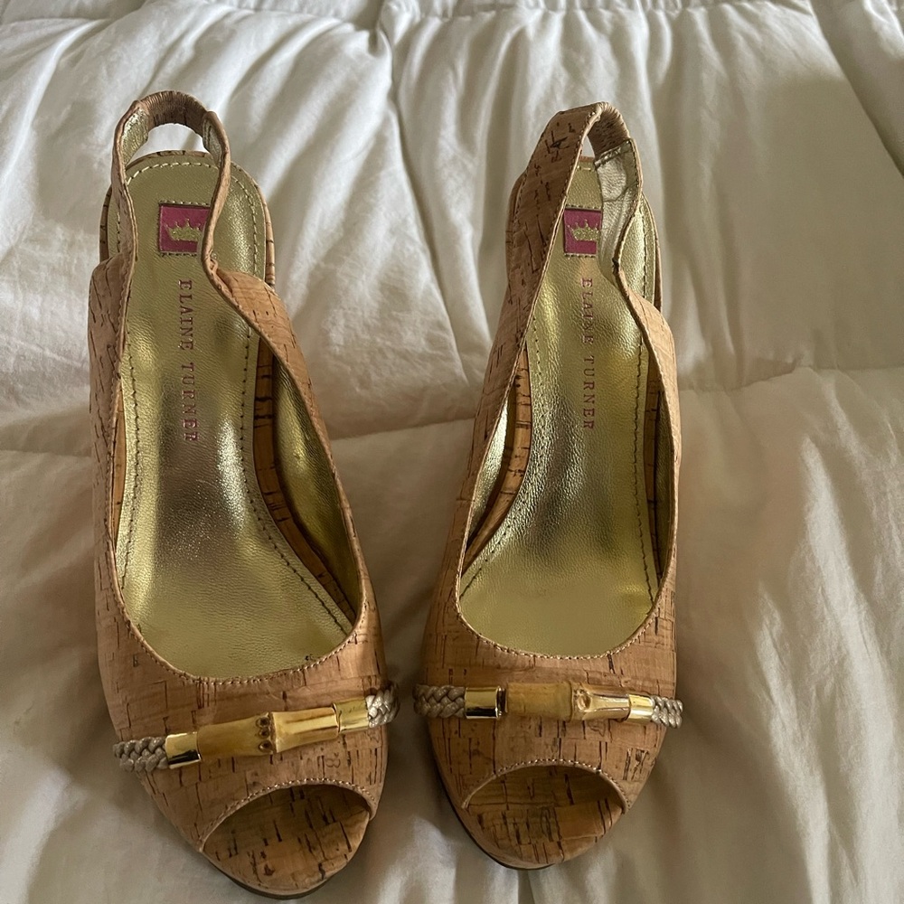 Elaine Turner Tan Suede Wedges with Peep-Toe
